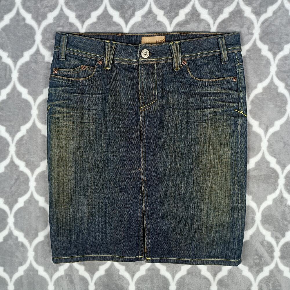 Yanuk Denim Skirt Womens 8 Blue Straight Stretch Jean Pocket Made USA